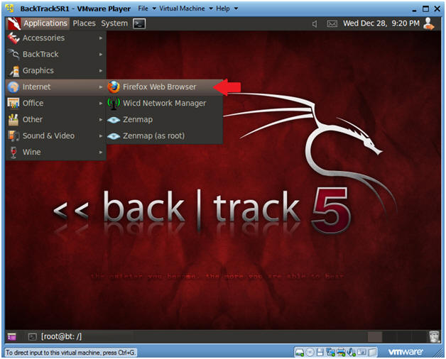 ?? Wed Dec 28, 9:20 PM BackTrack5R1 - VMware Player File Virtual Machine Help Applications Places System Accessories Back Tra