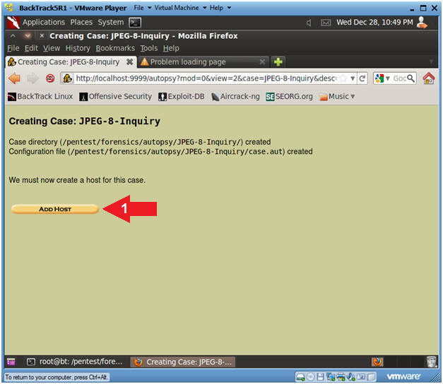 BackTrack5R1 - VMware Player File - Virtual Machine - Help Applications Places System Wed Dec 28, 10:49 PM * Creating Case: J