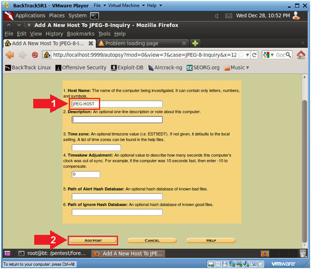 BackTrack5R1 - VMware Player File - Virtual Machine Help Applications Places System Wed Dec 28, 10:52 PM * Add A New Host To 