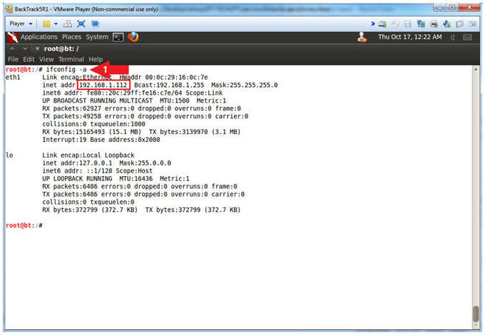 BackTrackSR1 - VMware Player (Non-commercial use only! Thu Oct 17, 12:22 AM Player Applications Places System root@bt:7 File 